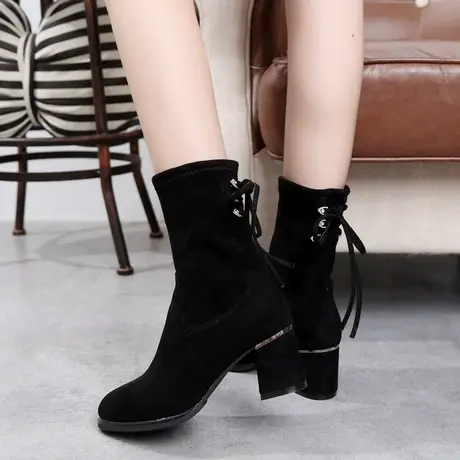 雅森秋冬新款弹力布绒面中筒靴女靴粗跟瘦瘦靴韩版高跟尖头马丁靴图片