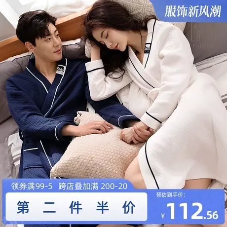 妮狄娅韩版情侣睡衣睡袍女秋冬长袖性感纯棉时尚白色格子男家居服商品大图