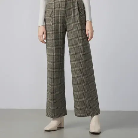 LANCY/朗姿绵羊毛冬季新款高腰阔腿裤通勤百搭高级格纹女裤子奥莱商品大图