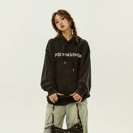 YEP重工炒雪花黑色连帽卫衣女春秋2024新款字母印花复古宽松上衣商品大图