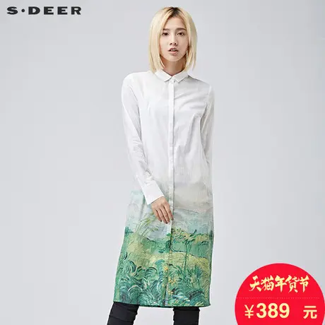 sdeer圣迪奥女装2018秋装中长款绿意印花长袖衬衫衬衣S16480517图片
