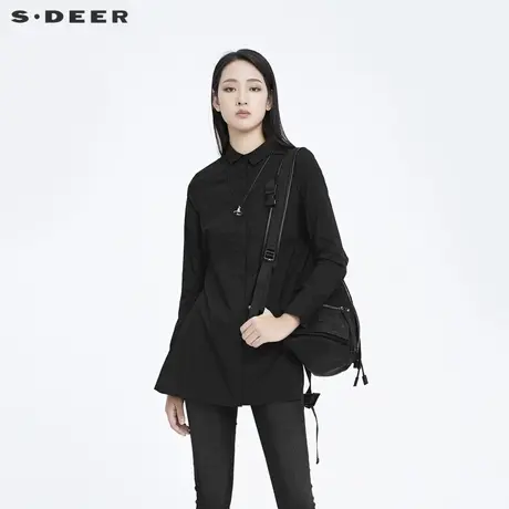 sdeer圣迪奥春秋女装不规则收腰中长款纯色通勤长袖衬衫S20180501图片