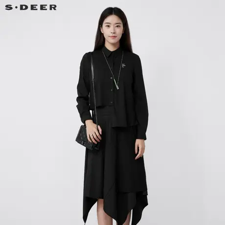 sdeer圣迪奥女装春秋装翻领网纱拼接字母长款黑色衬衫S201Z0508图片