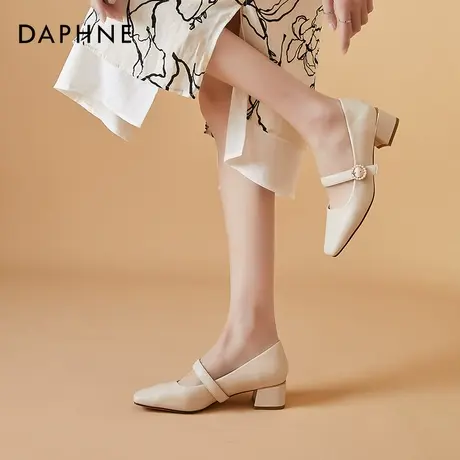 达芙妮复古方头玛丽珍鞋女2021新款珍珠白色粗跟单鞋女夏中跟软皮图片