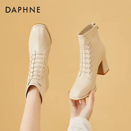 达芙妮方头短靴女2021年冬季新款米色瘦瘦靴粗跟加绒高跟春秋女靴商品大图