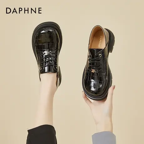 达芙妮黑色真皮小皮鞋女英伦风2022新款复古系带单鞋粗跟乐福鞋子商品大图