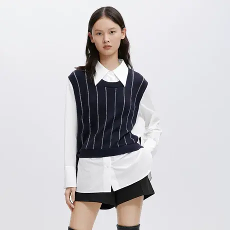 伊芙丽2021秋季新款翻领长袖拼接衬衫女1B9231701商品大图