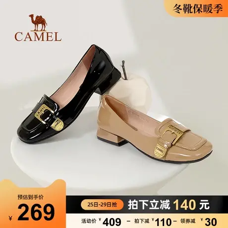骆驼女鞋2023年秋季新款浅口方头真皮小皮鞋女粗跟乐福鞋女单鞋图片