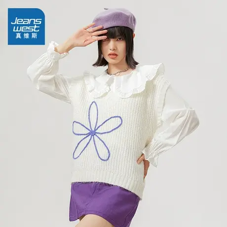 KP真维斯马甲针织衫 2024春季新款可爱绣花V领无袖坎肩套头毛衣女图片