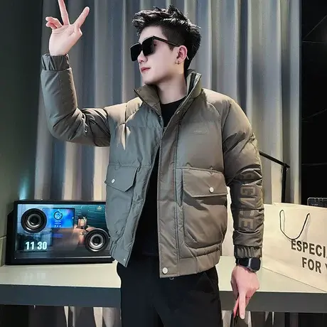 工装立领棉衣男冬季2023新款时尚印花字母棉袄设计感修身短款棉服商品大图