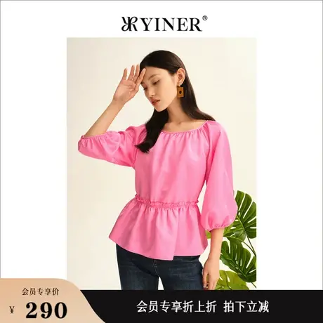 YINER音儿线上专选女装秋泡泡袖上衣收腰醋纤衬衫商品大图