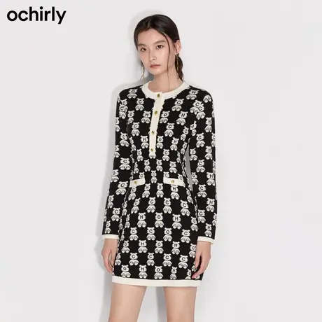 ochirly欧时力 羊毛小香风毛织连衣裙女 新款秋冬虎纹老花法式图片