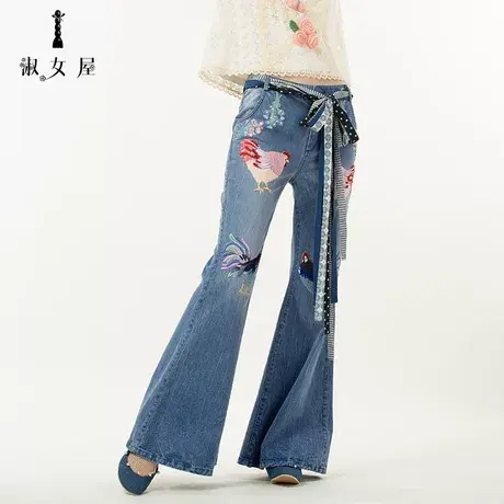 淑女屋秋季新品可爱公鸡重工绣花图案蓝色牛仔喇叭长裤图片
