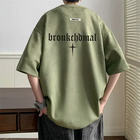 夏季宽松百搭做旧短袖T恤男潮流ins2023新款麂皮绒复古美式上衣服商品大图