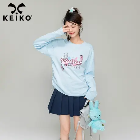 KEIKO 萌趣魔术贴卡通长袖T恤2024春季美式抽皱收腰显瘦纯棉上衣图片