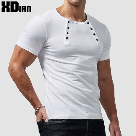 双排扣亨利领短袖T恤春秋季薄款短袖t恤男士纯棉修身紧身亨利衫商品大图