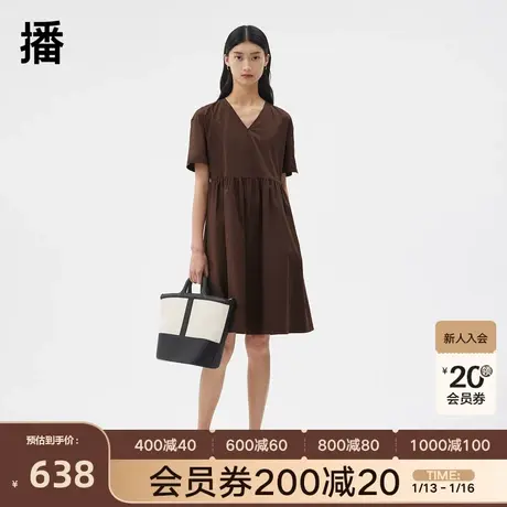 播商场同款2023春V领设计小开叉腰间抽碎褶连衣裙女BDQ3LD0356图片