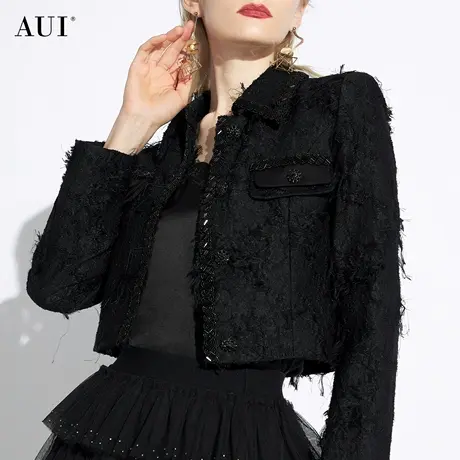 AUI黑色短款小香风外套女2024春新款设计感高级小众重工修身上衣图片