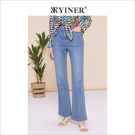YINER音儿女装春季法式优雅时尚复古高腰直筒阔腿牛仔裤图片