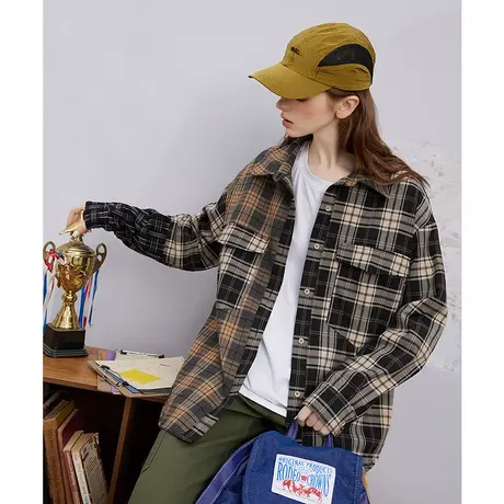 a022025春季新款撞色设计格纹长袖上衣休闲宽松百搭女式衬衫图片