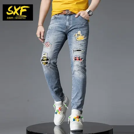 SXF圣希梵牛仔裤男 潮牌2023季新款破洞复古蓝色直筒小脚裤子男士商品大图