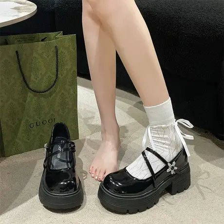 黑色厚底英伦风小皮鞋女2024春季新款配裙子法式单鞋粗跟玛丽珍鞋商品大图