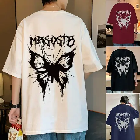 2024新款夏季短袖t恤男ins潮牌纯棉蝴蝶印花美式体恤宽松半袖上衣商品大图