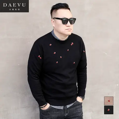 冬新款刺绣大号潮胖子加肥加大码男士圆领毛衣针织衫商品大图