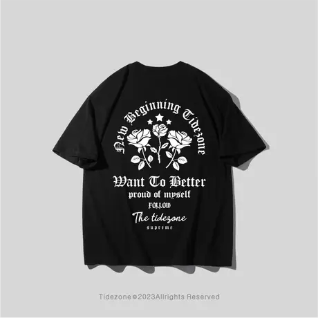 Ohlyah美式高街哥特字母植物玫瑰花卉百搭T恤男女款情侣纯棉短袖图片