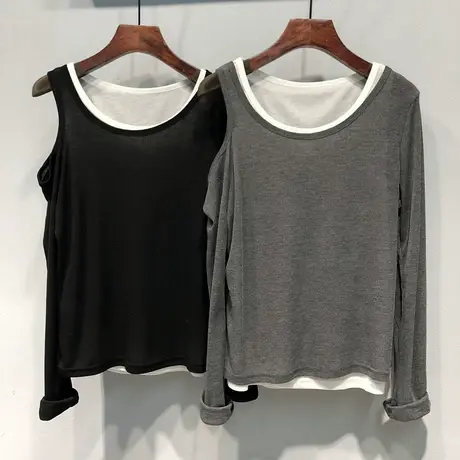 2024春装 韩国ulzzang新款撞色拼接小众假两件漏肩长袖T恤上衣女商品大图