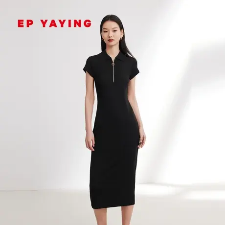 EP YAYING雅莹女装 黑色修身POLO领短袖连衣裙 2024春装新款4502A图片
