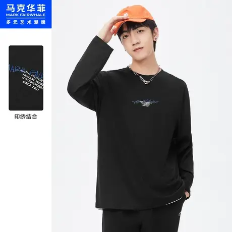 商场同款马克华菲字母印绣结合长袖T恤男秋季新款时尚简约图片