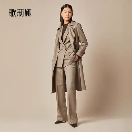 歌莉娅水洗羊毛风衣女秋冬新款气质通勤中长款翻领外套119L6L520图片