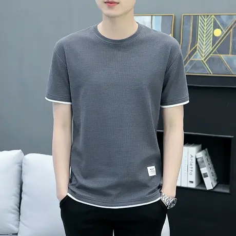 短袖t恤男夏装日系简约纯色休闲体恤宽松潮流修身华夫格衣服夏季商品大图