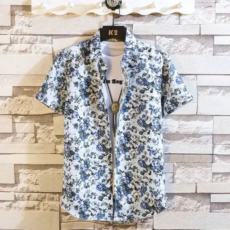 男士短袖衬衫休闲格子夏季韩版修身衬衣青少年白色碎花男装寸衣潮商品大图