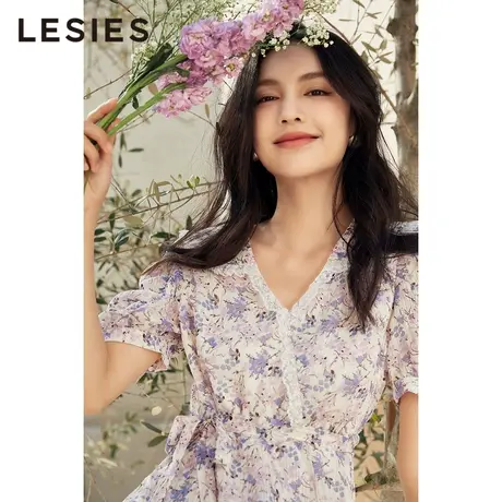 LESIES蓝色倾情春秋季女装新款印花雪纺娃娃领系带显瘦短袖连衣裙图片
