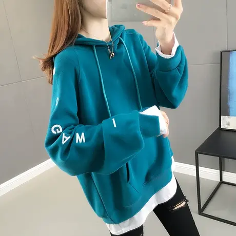 卫衣女宽松韩版连帽假两件春秋爆款薄款字母潮ins春装2022年新款商品大图