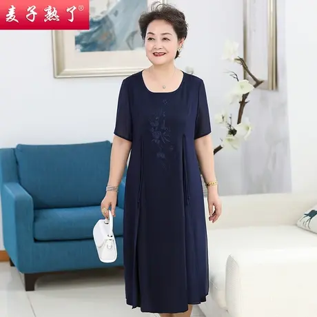 妈妈装绣花连衣裙女夏季2021新款气质圆领中长款遮肚子中老年女装图片