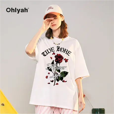 Ohlyah落叶红玫瑰印花短袖t恤男女无性别原创国潮夏新款大码全棉图片