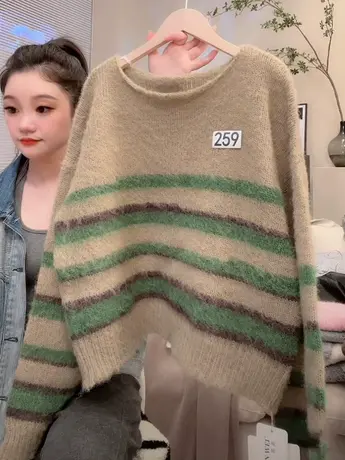 慵懒风设计感条纹针织衫上衣2023秋装新款宽松显瘦百搭抬头毛衣女图片