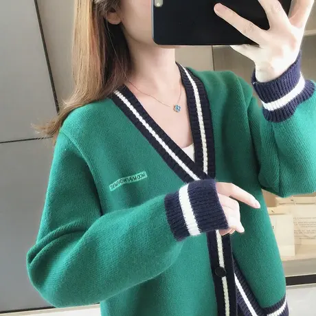 拼色针织衫外套女士毛衣开衫宽松V领上衣休闲外搭2023年秋季新款图片