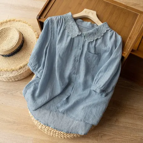 短袖苎麻衬衫花边领娃娃领文艺复古日系棉麻上衣夏天薄款2022新款商品大图