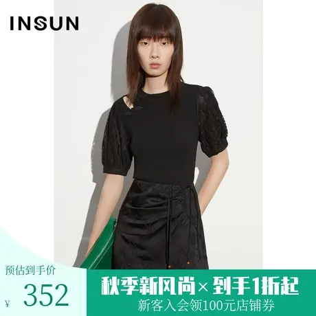 恩裳COVER2023夏季新款凉感冰丝优雅国风气质拼接蕾丝短袖针织衫商品大图