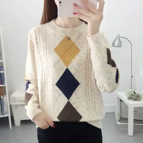 秋季新款2023年毛衣圆领宽松菱形拼色套头针织衫外穿洋气爆款上衣商品大图