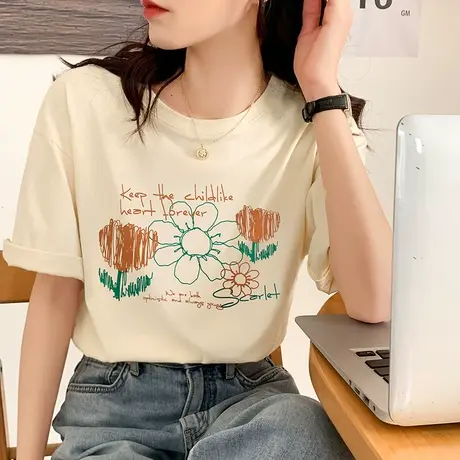 奶油黄印花T恤女短袖夏季2023新款设计感小众纯棉圆领半袖上衣潮图片