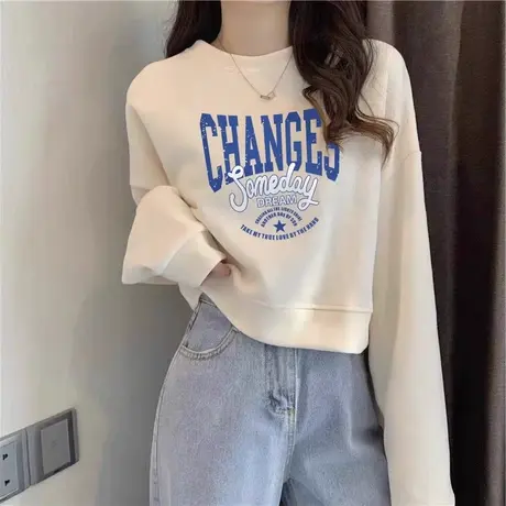 原宿风小个子短款卫衣女2023秋冬薄款高腰显瘦圆领长袖上衣ins潮商品大图