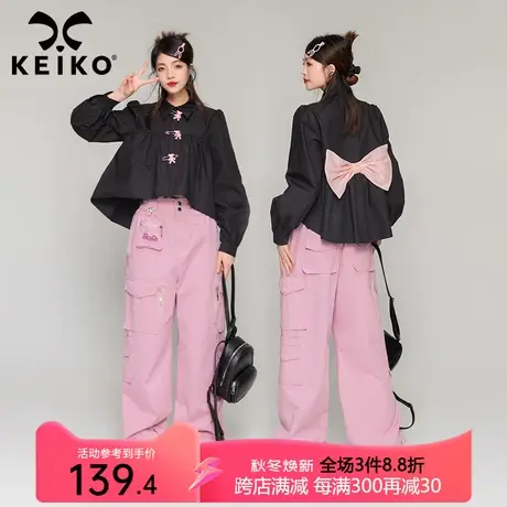 KEIKO 小熊别针甜酷风黑色衬衫2023秋季小众设计泡泡袖上衣娃娃衫商品大图