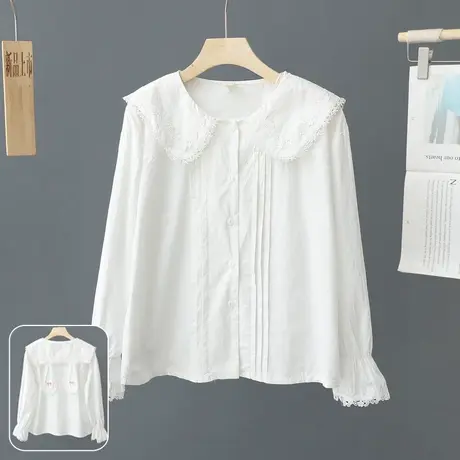 日系可爱风大翻领娃娃领长袖衬衫女春装新款设计感纯色白衬衣上衣图片