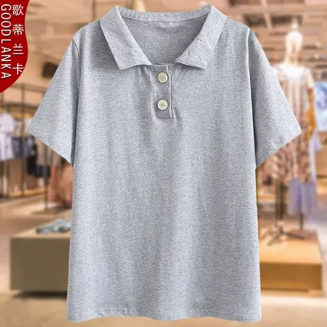 胖妈妈棉麻POLO领T恤短袖夏季新款2022洋气时尚加肥加大码上衣女商品大图