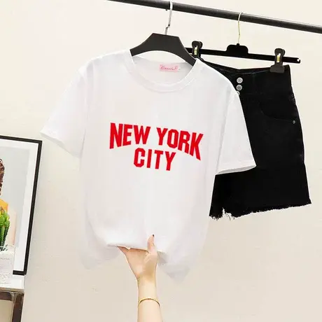 纯棉白色短袖女t恤学生个性字母简约宽松大码上衣韩版百搭ins半袖图片